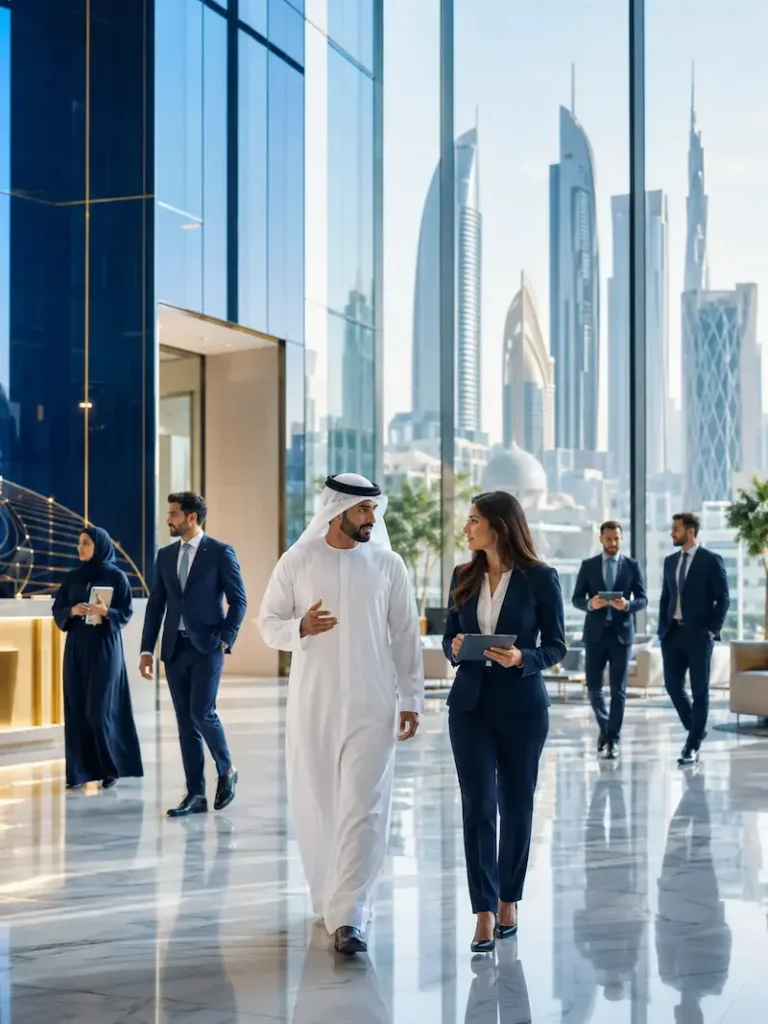 Gulf business leaders walking through a modern Dubai office