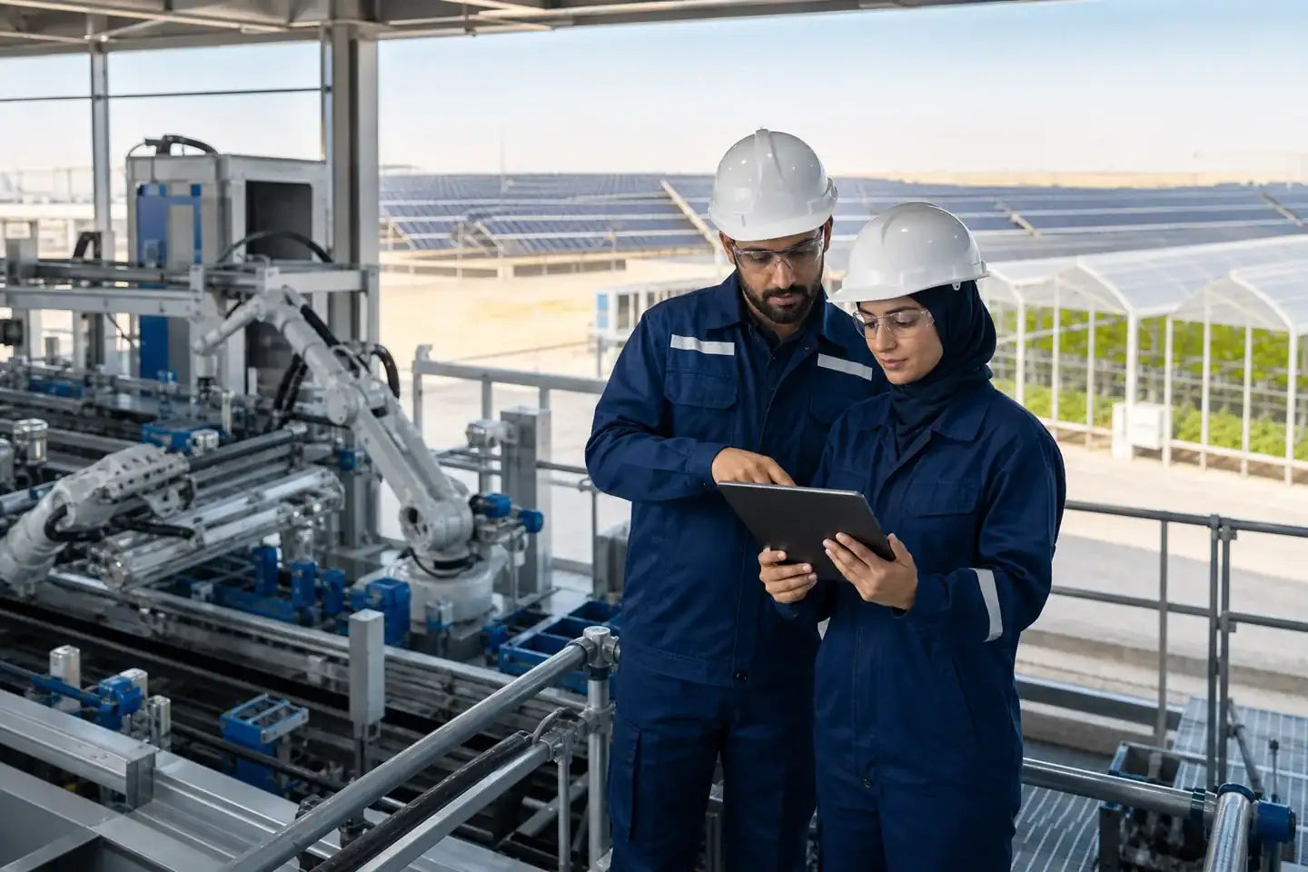 Engineers monitoring an automated production facility with solar and agriculture infrastructure