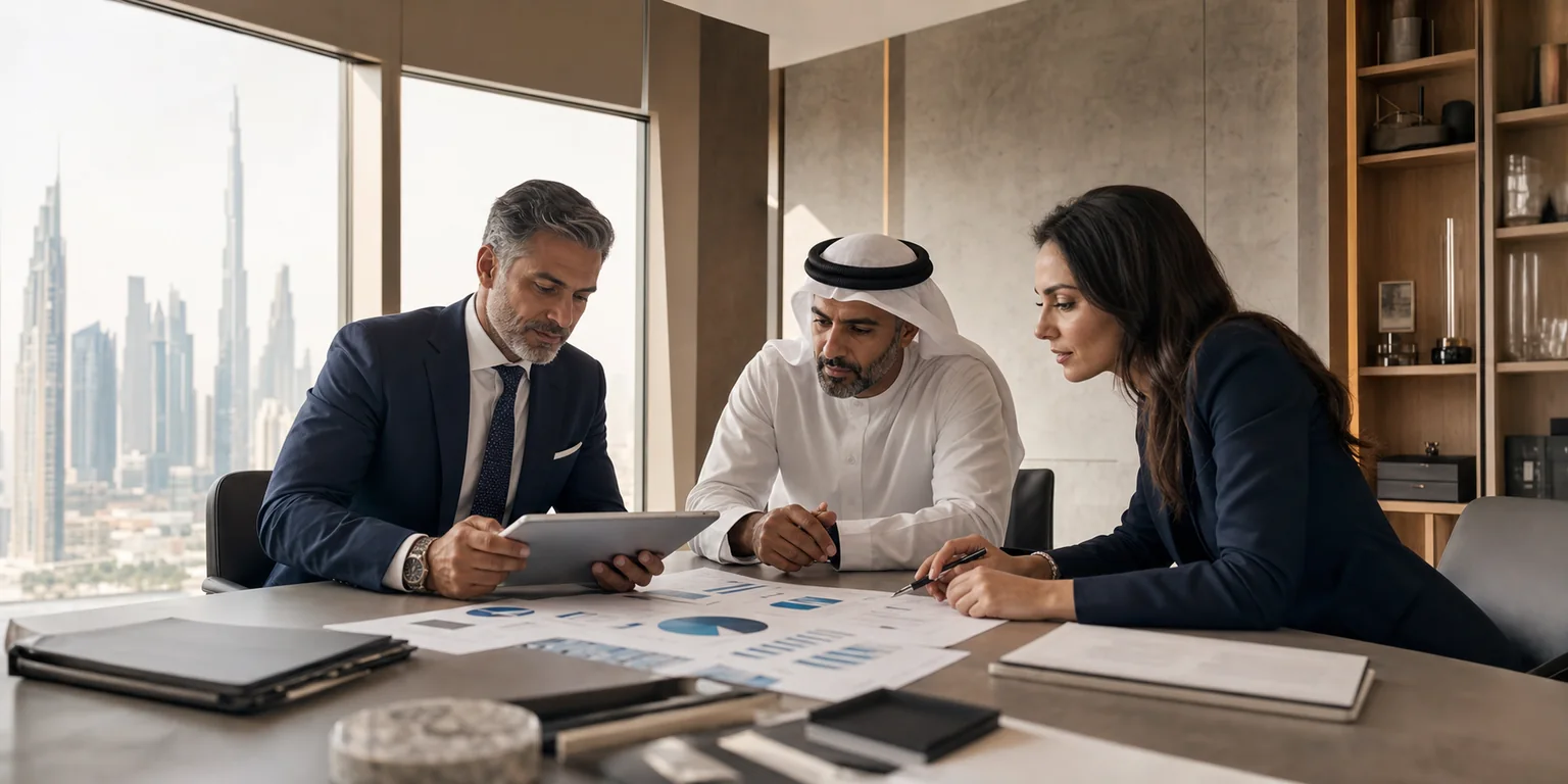Investment professionals reviewing a portfolio strategy in a Gulf office
