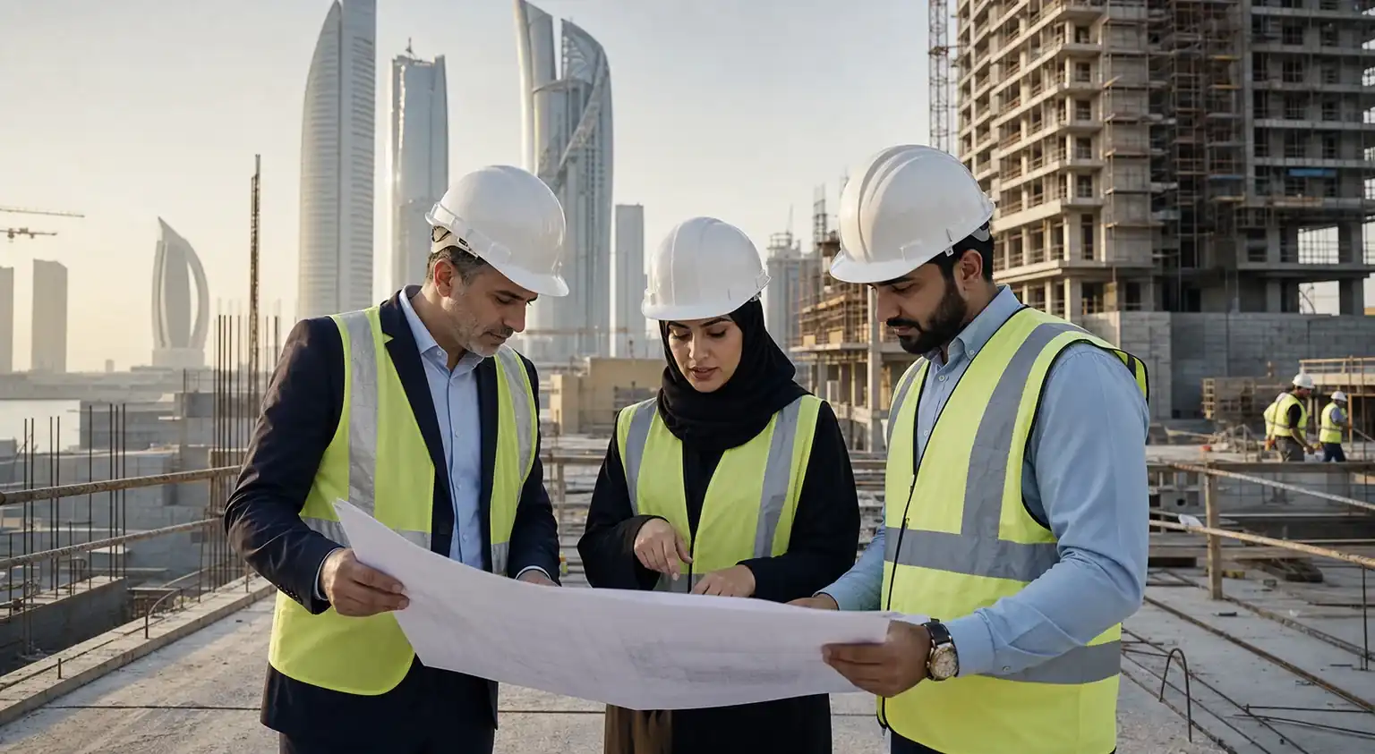 Construction and real-estate specialists reviewing plans at a Gulf development site