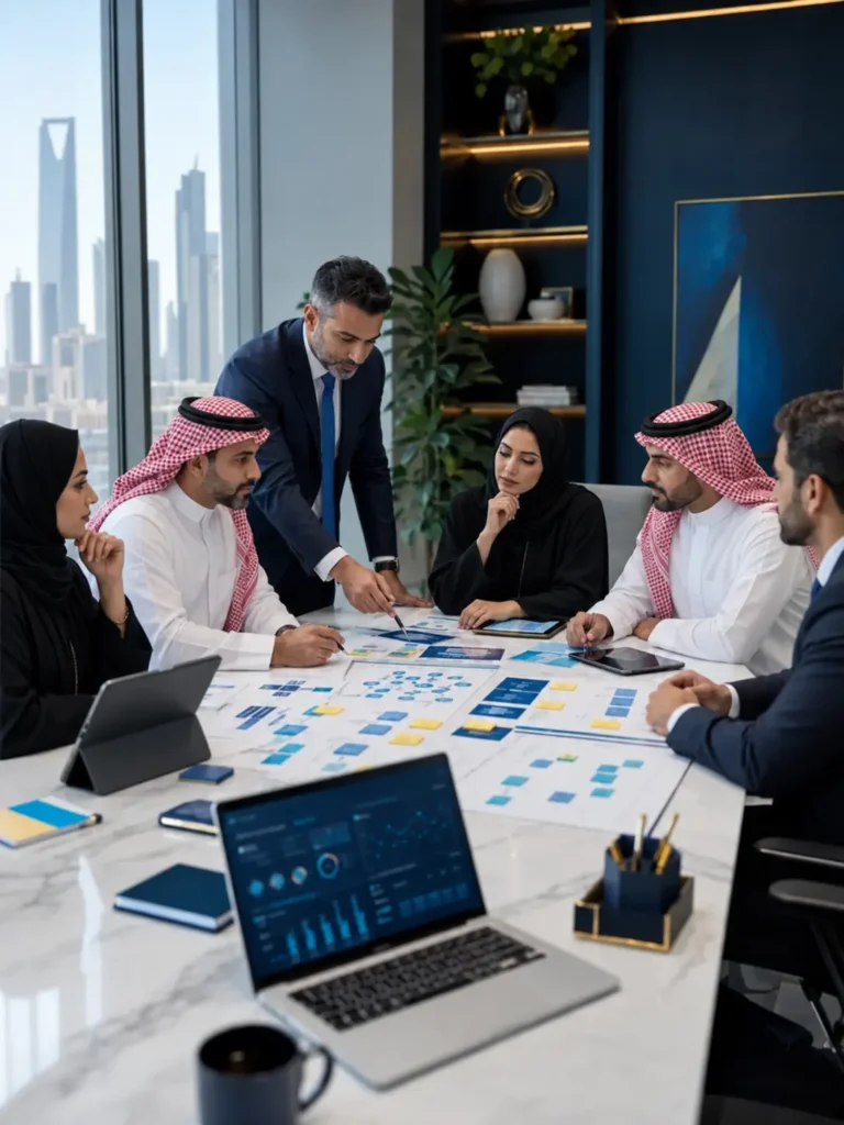 A business team mapping out an outsourcing strategy around a meeting table in an office overlooking the Riyadh skyline