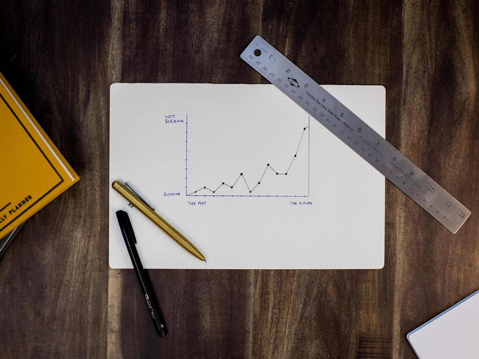 A hand-drawn growth chart on paper with a ruler and pens