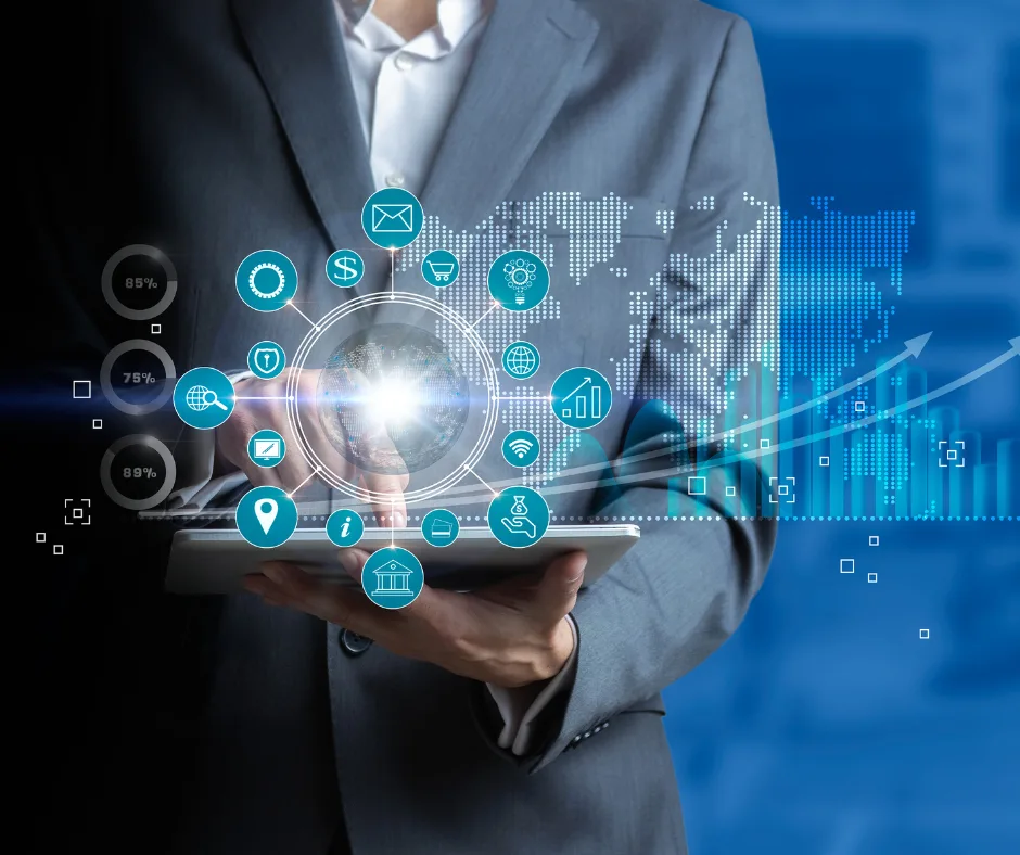 A business professional interacting with a digital marketing dashboard of connected data icons