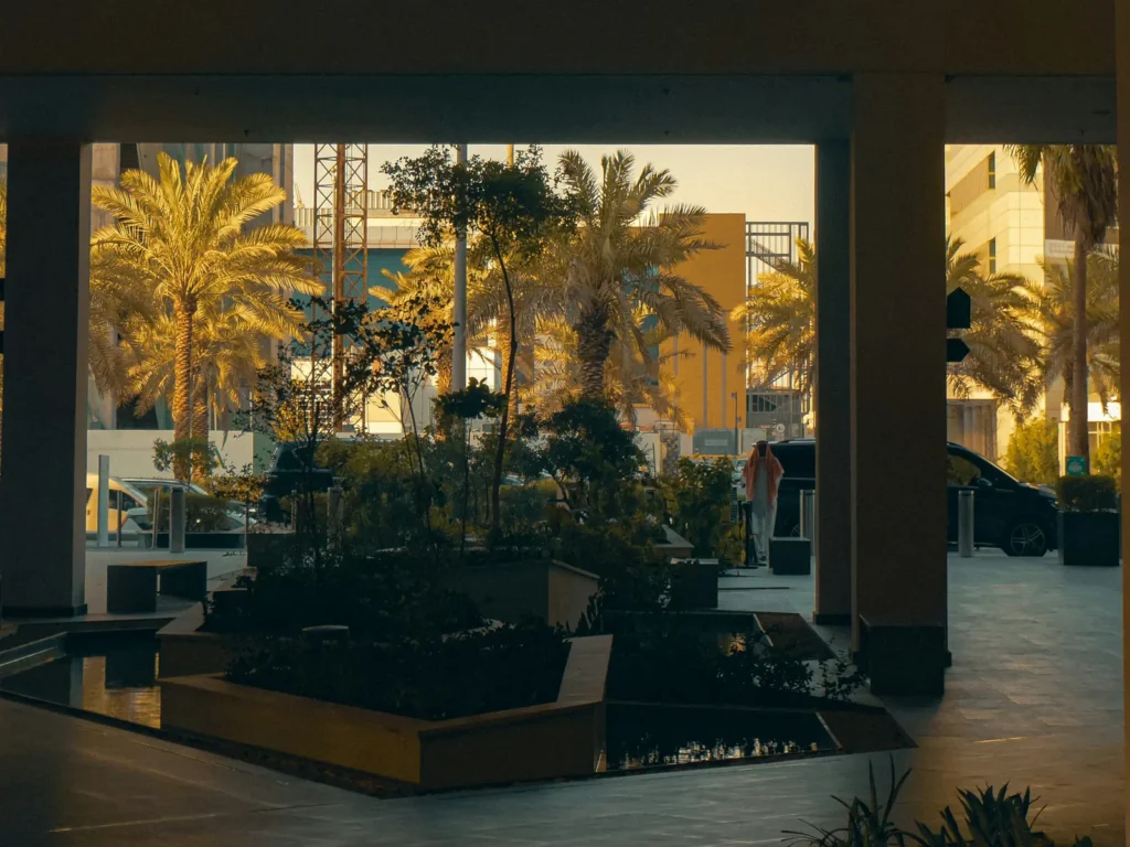 Palm trees and warm evening light beyond the colonnade of an office building