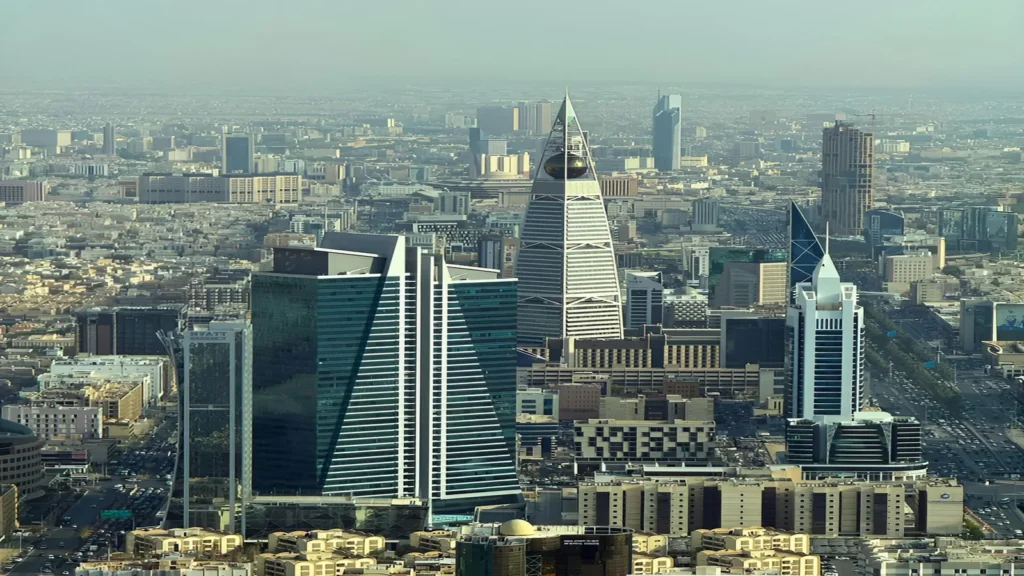 Office towers of the Olaya business district in Riyadh seen from above
