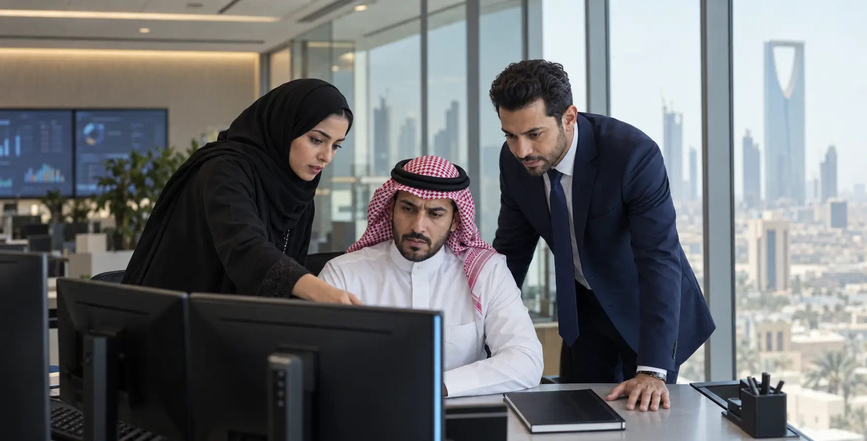 A finance team reviewing financial dashboards together in an office overlooking the Riyadh skyline