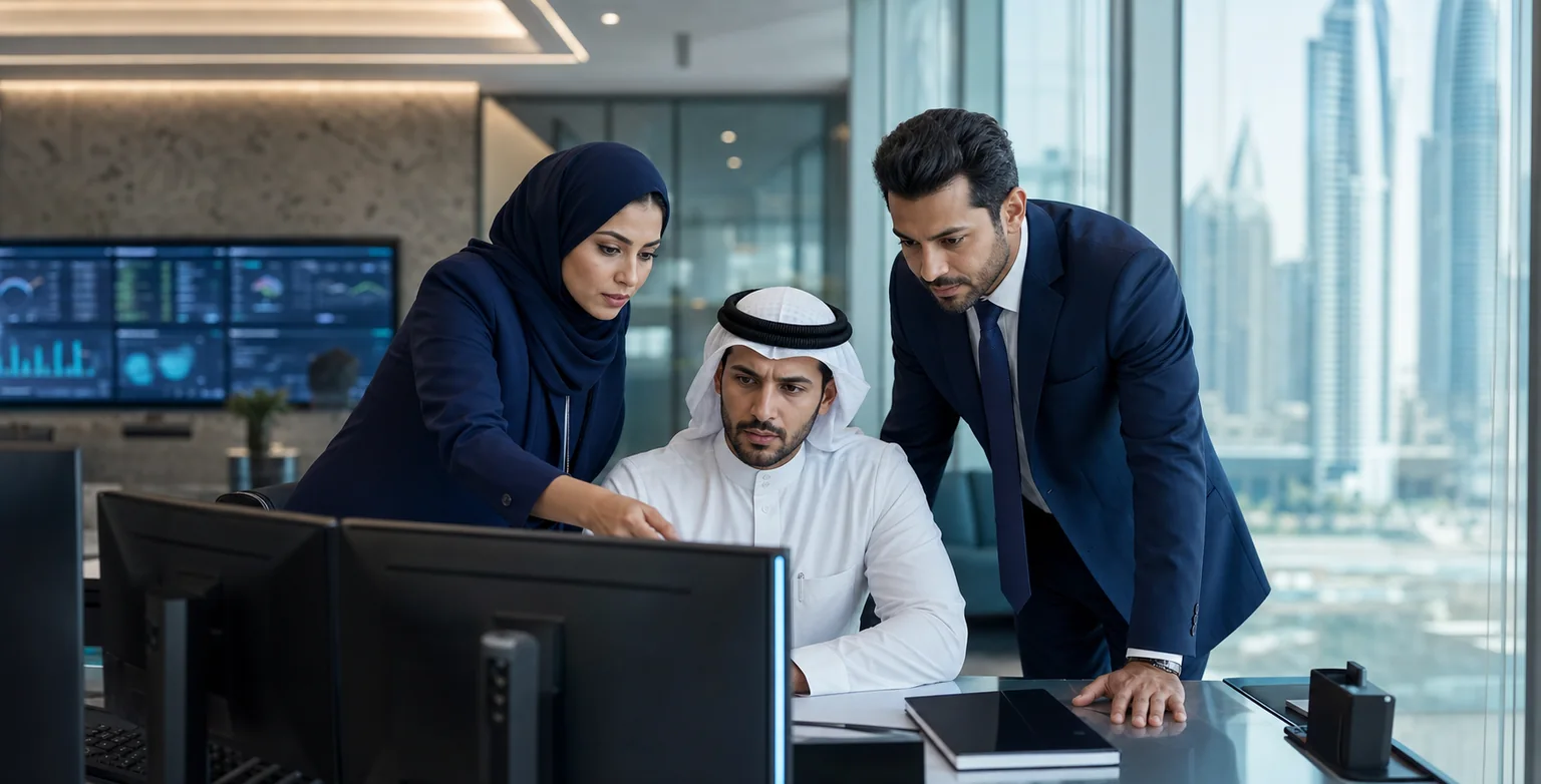Finance specialists reviewing reporting dashboards together at a workstation in a Gulf office